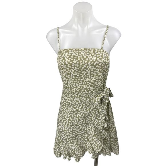Princess Polly Green White Floral Sleeveless Camisole Tank Wrap Mini Dress 4 - Picture 1 of 4